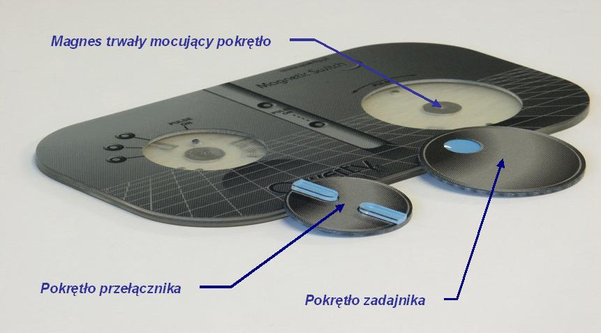 Próbny panel z wyjętymi pokrętłami przełącznika  oraz zadajnika (impulsatora)